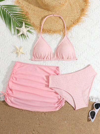SHEIN Bộ bikini 3 mảnh thời trang mới dành cho thiếu nữ, màu be, chất liệu vải đặc biệt, kèm váy sarong và dây buộc eo.