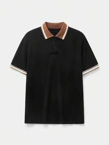 Manfinity Unisex Men's Casual Business Daily Commute Textured Fabric Contrast Striped Trim Short Sleeve Polo Shirt, Summer - Black - View 5