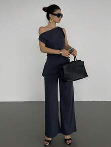 Strévra 2pcs/Set Women's Casual Asymmetric Hem Top And Pants Suit, Suitable For Office And Commuting In Summer - Navy Blue - View 3