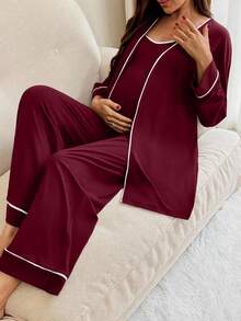 SHEIN 2pcs Nursing Contrast Trim Spaghetti Strap Jumpsuit & Romper Set - Burgundy - View 5