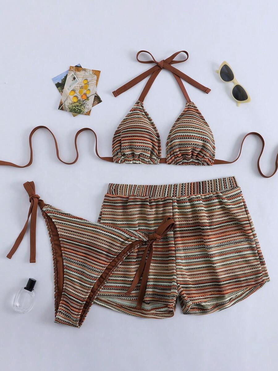 SHEIN Swim Curve 大码女士三件套泳装,条纹系带比基尼上衣、泳裤和罩衫,性感沙滩度假泳装 - 彩色 - 查看 1