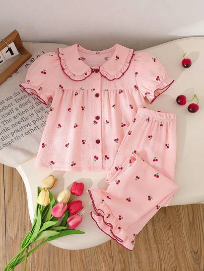 Genkimix Kids Young Girls Pajamas Set, Comfortable & Fashionable Cherry Print Ruffle Trim Elegant Short Sleeve & Long Pants 2pcs Sleepwear