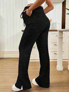 SHEIN Maternity Casual Everyday Commute Solid Color Textured Fabric Adjustable Drawstring Waist Flare Pants - Black - View 2