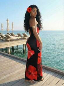 Slaydiva 新款春夏音乐节情人节休闲简约基础款Y2K街头甜美网红热销日常约会辣妹风性感休闲优雅生日派对无肩带定位红色花朵满印黑色修身长裙H型长裙女式长裙 - 黑色 - 查看 2