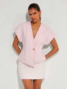 COSMINA 女士V领落肩牛仔衬衫，不对称下摆，金属纽扣设计，粉色牛仔上衣，夏季休闲/通勤装 - 粉色 - 查看 4