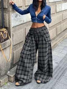 Coolane 女士休闲格子梭织宽松阔腿裤，秋季款 - 寶藍色 - 查看 2