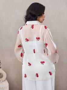 Modelyn Women's Plus Size Long Sleeve Elegant Floral Embroidery Blouse - Apricot - View 2