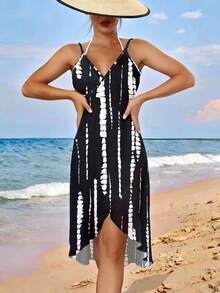 Swim Vcay 女士夏季沙滩网纱条纹印花可调节肩带连体裹身度假连衣裙 - 黑色 - 查看 5