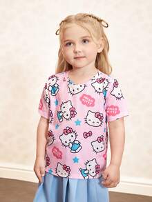 HELLO KITTY AND FRIENDS | SHEIN 女童夏季休闲猫咪印花圆领短袖T恤 - 彩色 - 查看 7