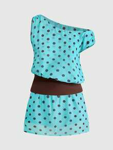 ROMWE Vacation Casual Polka Dot Print Asymmetric Asymmetrical Shoulder Top And Mini Skirt 2-Piece Set - Multicolor - View 1