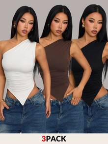 SHEIN PETITE 女士度假休闲三件套不对称下摆不对称肩部上衣，夏季两件套，适合返校、下午茶、休闲、海滩婚礼宾客、毕业早午餐、圣帕特里克节、春假、复活节、音乐节等场合，优雅波西米亚热带风情，棕色、黑色、杏色 - 彩色 - 查看 1