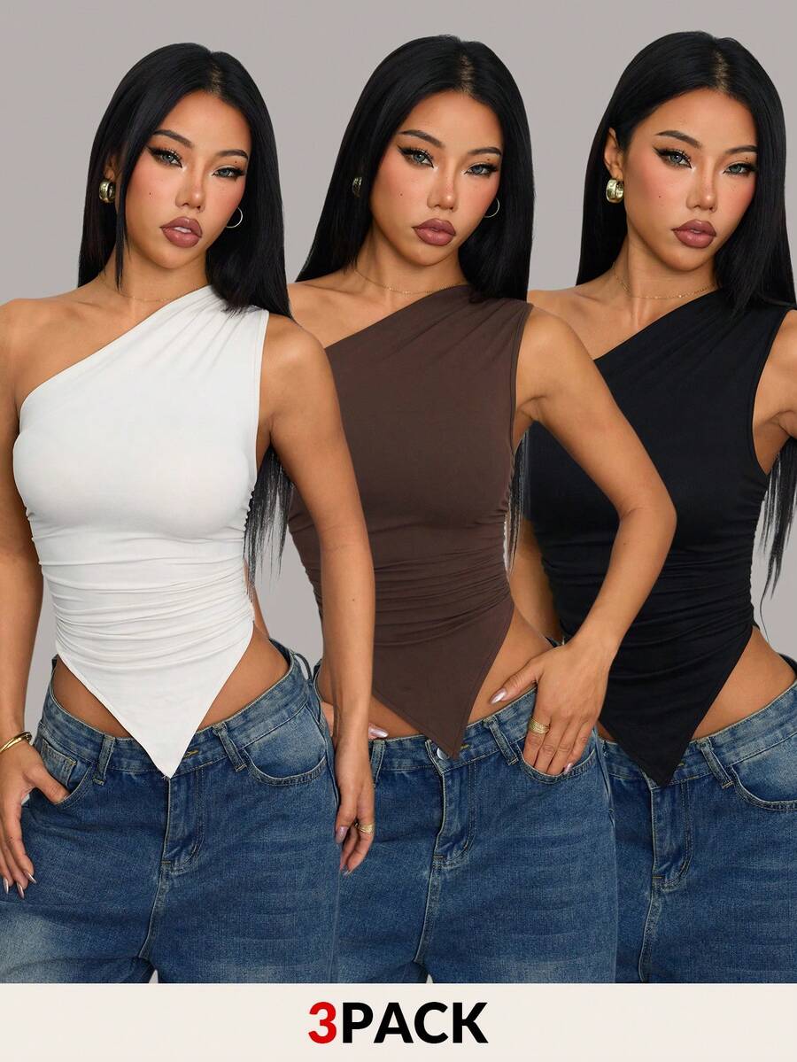 SHEIN PETITE 女士度假休闲三件套不对称下摆不对称肩部上衣，夏季两件套，适合返校、下午茶、休闲、海滩婚礼宾客、毕业早午餐、圣帕特里克节、春假、复活节、音乐节等场合，优雅波西米亚热带风情，棕色、黑色、杏色 - 彩色 - 查看 1