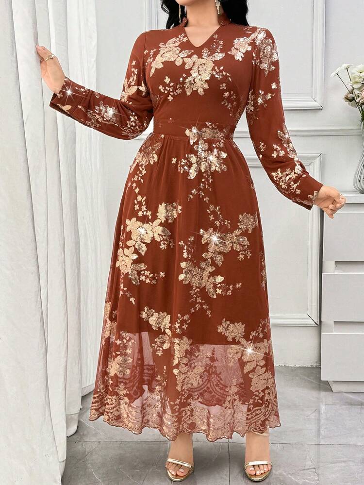 Women's Elegant Sequin Floral Print Stand Collar Dress, Spring/Summer Wedding Guest Dress Sundress