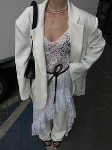 Siren Gaze Siren Gzae Women's White Lace-Trimmed Irregular Hem Tie-Waist Top. Elegant Lace Trim, Fashionable Lace-Trimmed Top, Chic Lace-Trimmed Everyday Top, Valentine's Day Lace-Trimmed Top, Casual Top, Women's Casual Top, Spring/Summer Women's Top, New Year's Party Top. - White - View 1