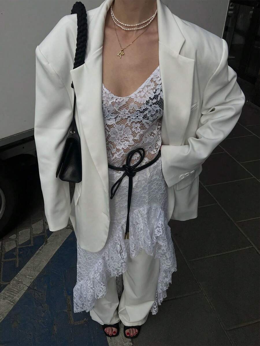 Siren Gaze Siren Gzae Women's White Lace-Trimmed Irregular Hem Tie-Waist Top. Elegant Lace Trim, Fashionable Lace-Trimmed Top, Chic Lace-Trimmed Everyday Top, Valentine's Day Lace-Trimmed Top, Casual Top, Women's Casual Top, Spring/Summer Women's Top, New Year's Party Top. - White - View 1