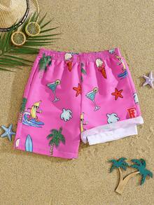 SHEIN Tween Boys' Casual Versatile Comfortable Coconut Tree & Ice Cream Print Loose Patchwork Lining Swim Trunks Beach Shorts,Kids - Pink - View 5