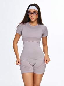 SHEIN Sports Women's Dusty Mauve Short‑Sleeve Seamless Top With Biker Shorts, Breathable Seamless Knit, Sculpting Fit For Yoga & Training, Seamless Activewear Set - Purple - View 4