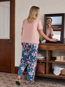 Doze Lane Casual Floral Print Pocket Short Sleeve Pajama Set For Women - Pink - View 2