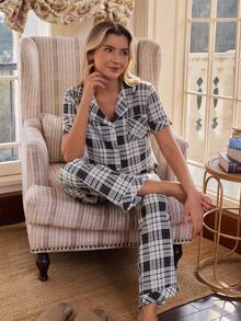 Doze Lane Women's Casual Turndown Collar Plaid Print Pocket Short Sleeve Pajama Set - Multicolor - View 1