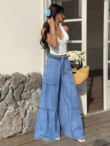 Sunnyshic Quần jeans nữ thường ngày cạp chun màu trơn - Màu xanh lam - Xem 5