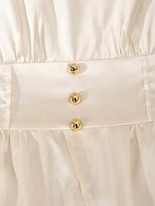 Franclia Blusa de mujer con botones decorativos metálicos brillantes, manga corta y volantes, beige, elegante para verano, trabajo, oficina, casual, formal, estilo vintage y urbano - Albaricoque - Ver 6