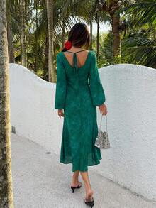 DAZY 法式长袖V领碎花修身鱼尾连衣裙 - 綠色 - 查看 2