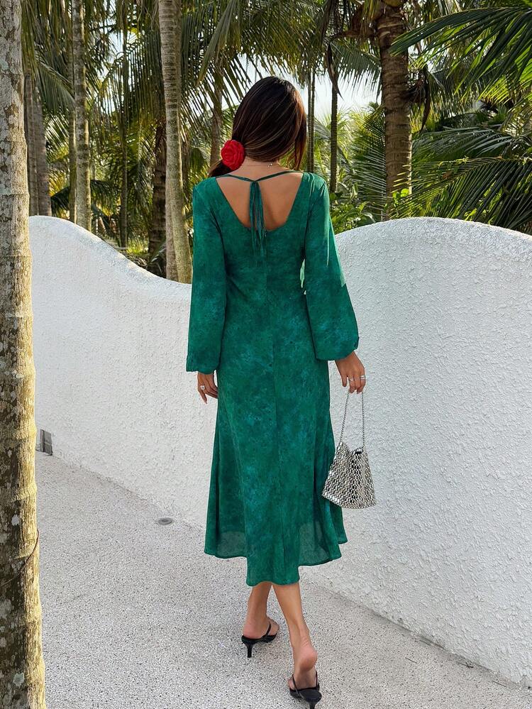 French Style Long Sleeve V-Neck Ditsy Floral Fitted Mermaid Dress