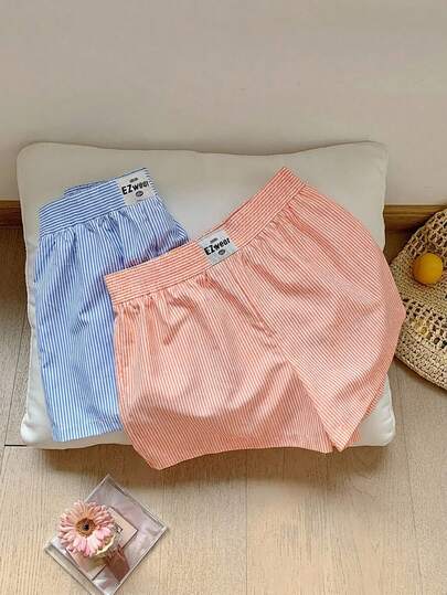Comfortcana 2pcs Blue & White + Neon Orange Striped Print Elastic Waist Casual Shorts