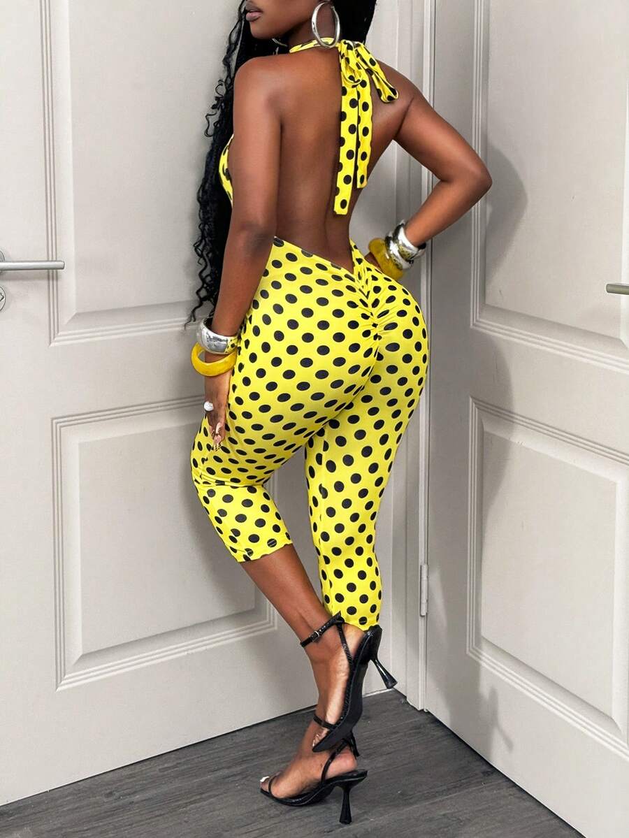 BamGleam Bộ jumpsuit nữ thời trang, ôm sát, chất liệu lụa sữa co giãn, họa tiết chấm bi màu sắc tươi sáng, kiểu dáng buộc dây cổ, hở lưng, không tay, quần lửng. - Màu vàng - Xem 1