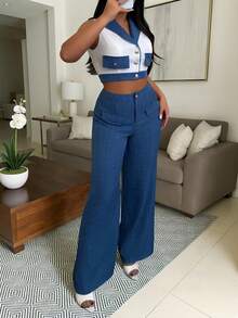 Vavine 时尚优雅的商务休闲女装套装，包括一件饰有纹理翻领的修身性感金属纽扣背心上衣和一条直筒纹理弹力腰休闲裤，两件套。 - 藍白色 - 查看 7