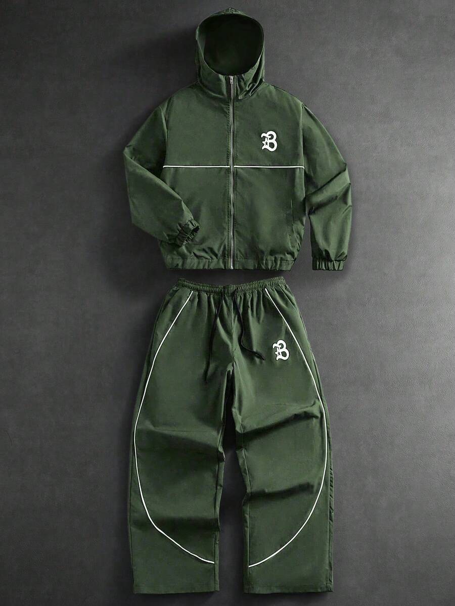 PAVTROS Men's Letter Print Hooded Zip-Up Jacket And Contrast Trim Pants Set Men 2 Piece Set Men Street Wear Sets Men Tracksuit Set Jogging Suits Men Jogging Set,Windbreaker/Outdoor Windbreaker,Parka,Streetwear,Jogging, - Army Green - View 1