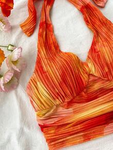 Teen Girls' Sunset Tie Dye Tie Neck V-Neck Fitted Cami Top And Layered Ruffle Mini Skirt Set, Suitable For Holiday, Date, Afternoon Tea, Beach, Cruise, City Trip, Music Festival, Boho Vacation - Orange - View 4