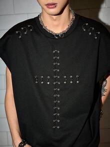 ROMWE MEN Street Life Men's Hip Hop Distressed Cross Graphic Tank Top - Black - View 2