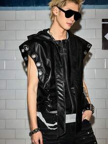 ROMWE MEN Goth Men's PU Leather Hooded Zipper Jacket With Eyelets, Fashionable And Versatile For Daily Wear - Black - View 1