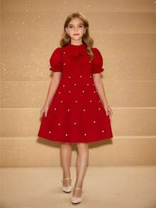 女童优雅简约时尚淑女风高领常规肩长袖宽松短款连衣裙，饰有3D蝴蝶结和珍珠，节日红色短袖连衣裙 - 酒紅色 - 查看 9