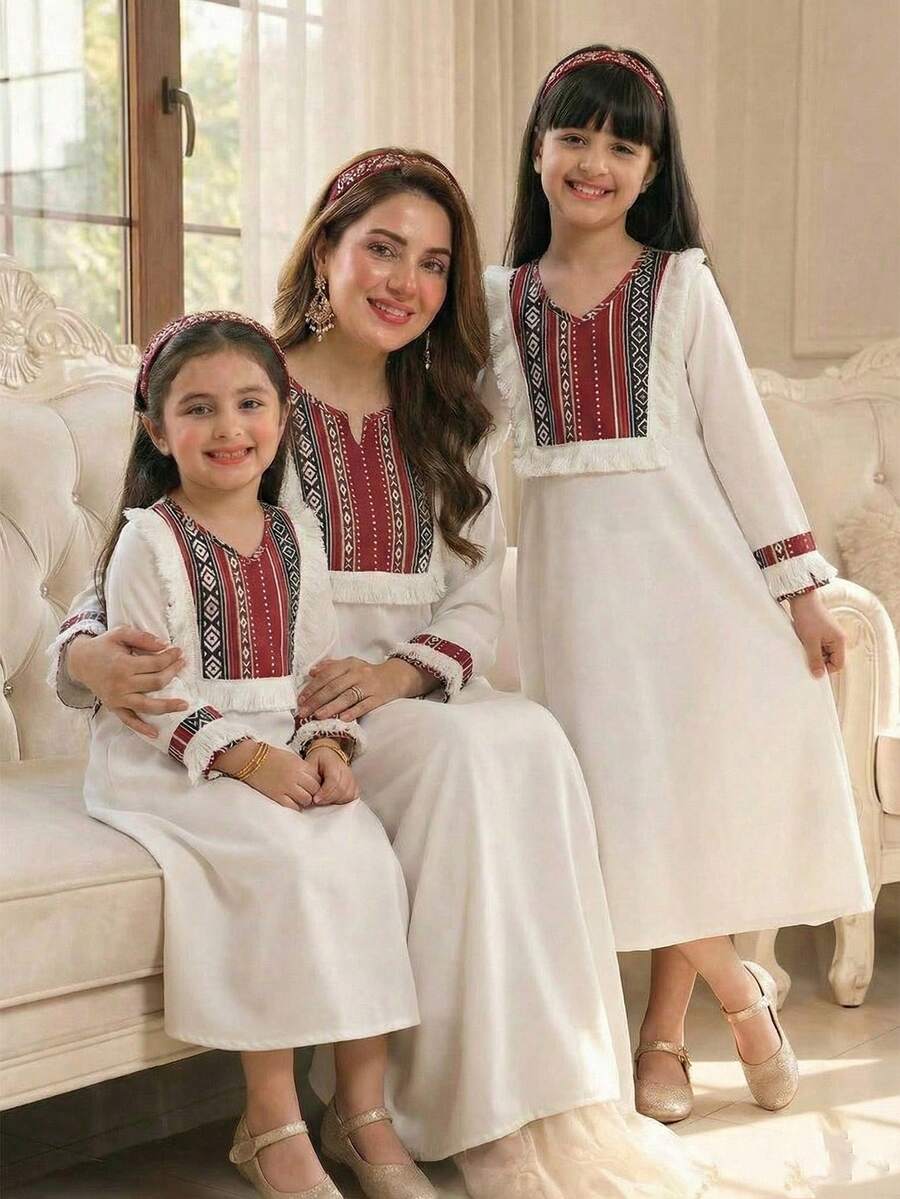 Young Girls' New Geometric Pattern Round Neck Long Sleeve A-Line Casual Maxi Dress, Suitable For Beach Party, Summer - White - View 1