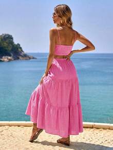 Vivid Eden Vacation Style Monochrome Hollow Out Embroidered Top & Long Skirt 2pcs/Set,Wedding Season - Pink - View 2