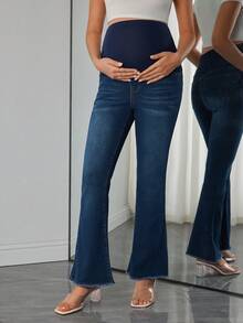 Momance Maternity Casual Fashionable Daily Commute Versatile Adjustable Waist Slim Fit Flare Jeans - Navy Blue - View 3