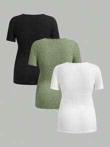 SHEIN Maternity & Nursing Casual Ribbed Crew Neck Short Sleeve Top, Summer - Green - View 2