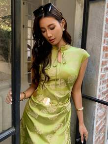EastFlair New Chinese Style Green Jacquard Long Dress - Green - View 2