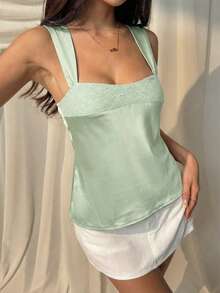 SHEIN EZwear Women's Mint Green Hollow Out Embroidery Loose Camisole, Spring/Summer - Mint Green - View 4