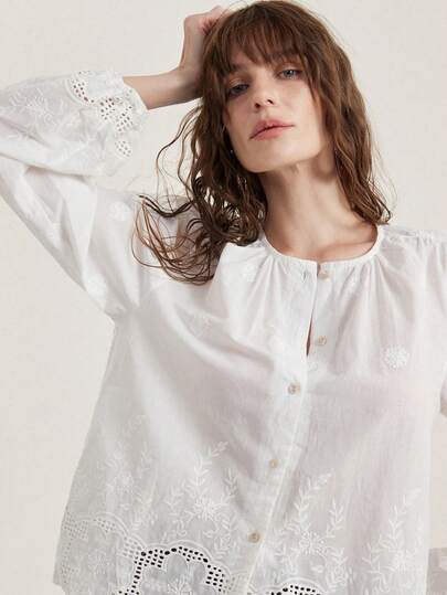 Aveloria Modichic 优雅法式浪漫度假野餐休闲百搭夏季高端宽松刺绣镂空下摆花卉女士宽松长袖开衫衬衫