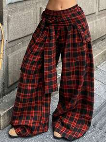 Coolane Summer For Women Going Out Casual Streetwear Everyday Vacation Collegiate Style Pattern Print Patchwork Front Tie Red Loose Wide Leg Pants - Red - View 5