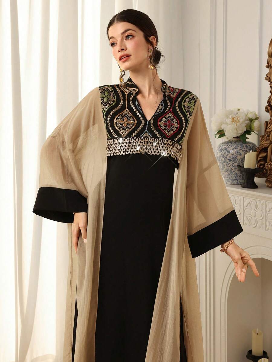 Al Najma Women's Elegant Sequin Cutout Neck Arabic Style Dress - Black - View 1