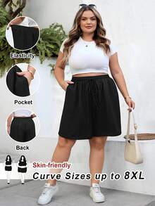 SHEIN CURVE+ Quần short nữ dáng ôm size US22, thích hợp cho lễ hội âm nhạc, kỳ nghỉ biển, phong cách boho, thời trang xuân hè, dáng rộng thoải mái, cơ bản hàng ngày, đa năng, ôm sát, cạp chun, kiểu dáng đơn giản, đi chơi, mùa hè châu Âu, sân bay, phong cách boho, kỳ nghỉ, quần short dáng ôm, phong cách cổ điển, quần short thoải mái, quần short rộng rãi, quần short Bermuda. - màu đen - Xem 10