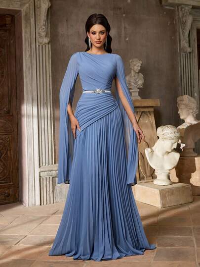Aureia Elegant Blue Round Neck Minimalist Chiffon Dress With Pleated Details, Oversized Flared Sleeves (Detachable Silver Belt Included), Suitable For Dates, Vacations, Singles Parties, Weddings, And All Formal Occasions, Formal Evening Gown
