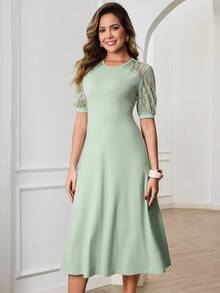 Miaspire 女士优雅撞色蕾丝插肩袖连衣裙，夏季度假装扮，春夏连衣裙，及膝连衣裙，外出连衣裙 - 綠色 - 查看 5