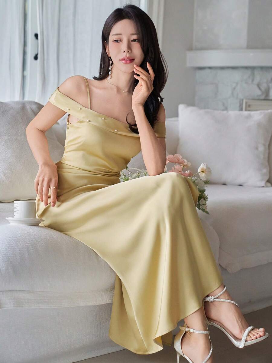 DAZY 女士优雅无袖铆钉中长连衣裙，夏季婚礼宾客礼服 - 黃色 - 查看 1