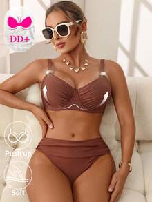 Swim DD+ Women Solid Color Spaghetti Strap Gold Decor Triangle Bikini 2 Pieces Swimwear Set - Coffee Brown - View 5