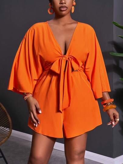 Slaydiva 大码V领系带腰部宽松复古印花连体裤